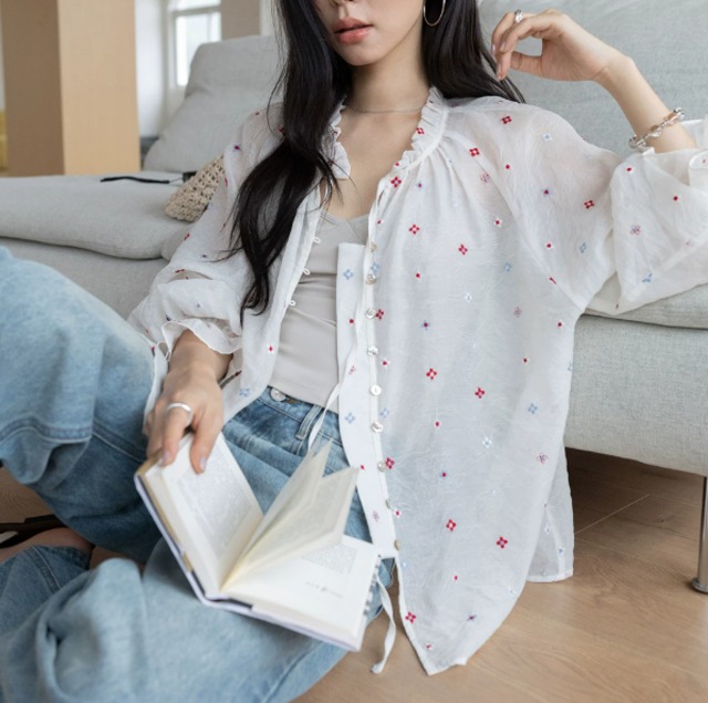 embroidered sheer frill blouse 14416