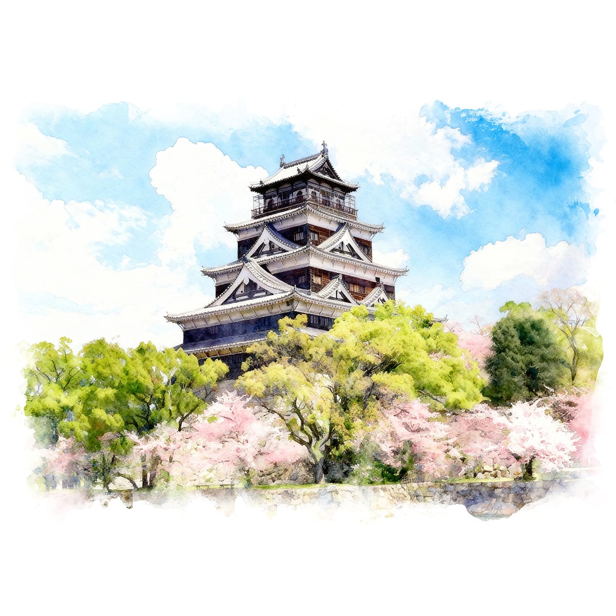 絵画 風景画 日本の城 広島県広島城 インテリアアート額付き 水彩画