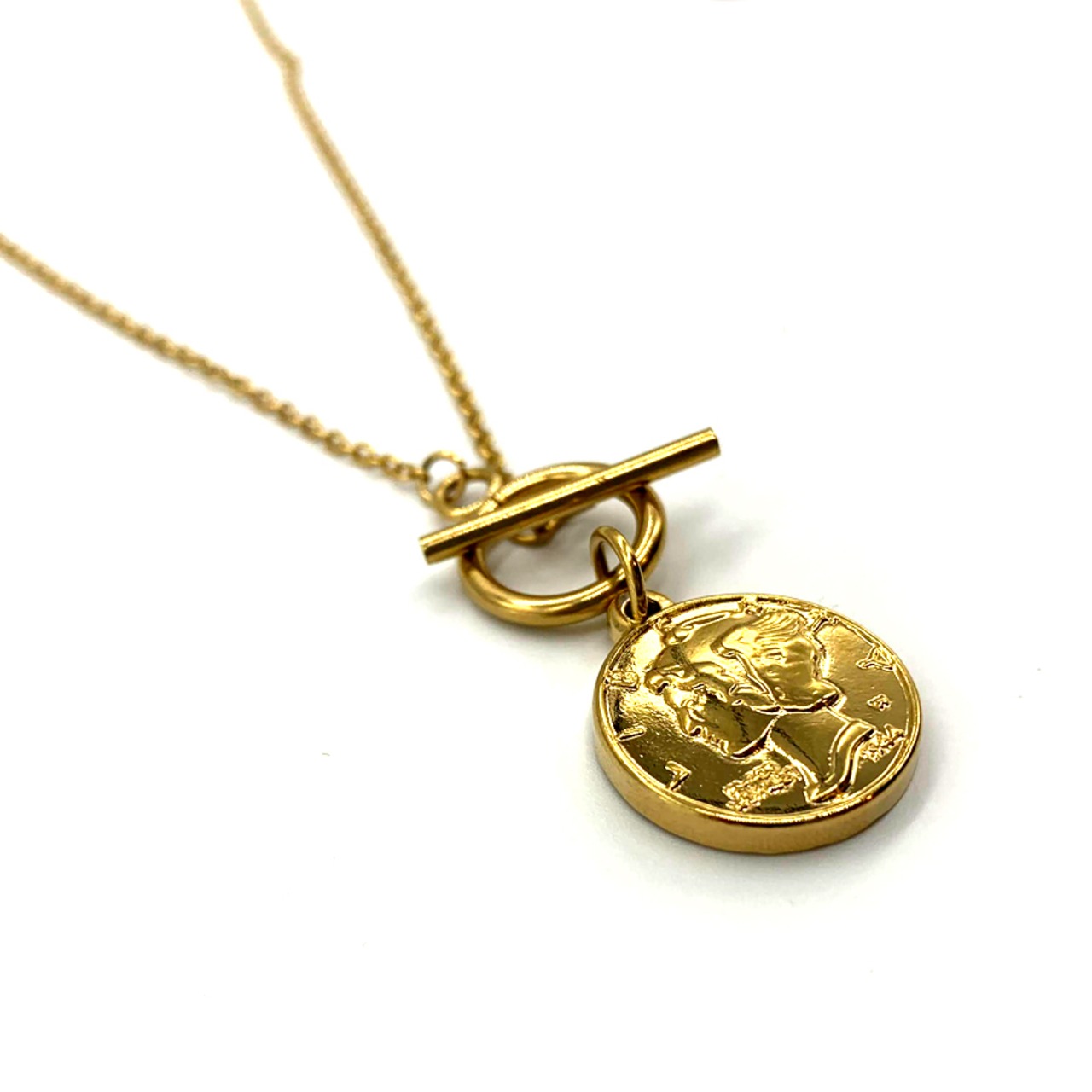 ステンレスマーキュリーダイムリバティコイントグルネックレスゴールド