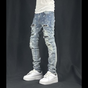 high street paint black rhinestone distressed light blue denim【ES069】