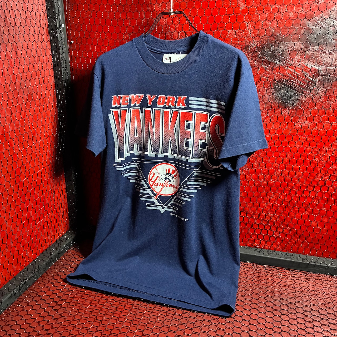 90s USA製Stedman MLB NY YANKEES ロゴTシャツ ネイビー