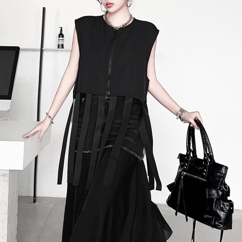 FRINGED STRAP ZIPPER SLEEVELESS CROP VEST M-17944