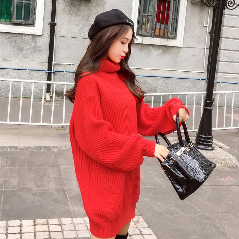 ゆったり可愛い タートルネック ニット チュニック ビッグセーター