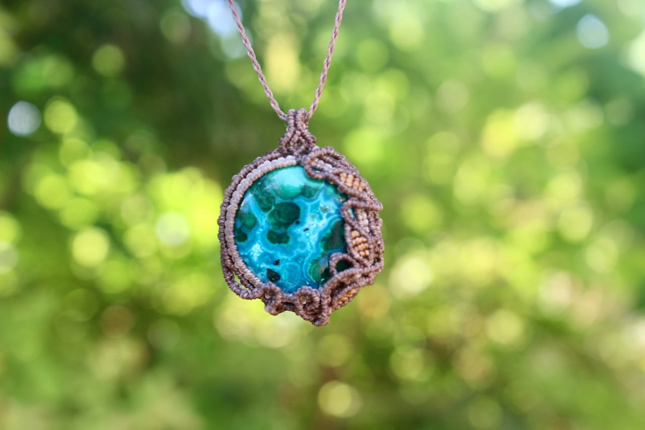 Chrysocolla malachite micro macrame pendant