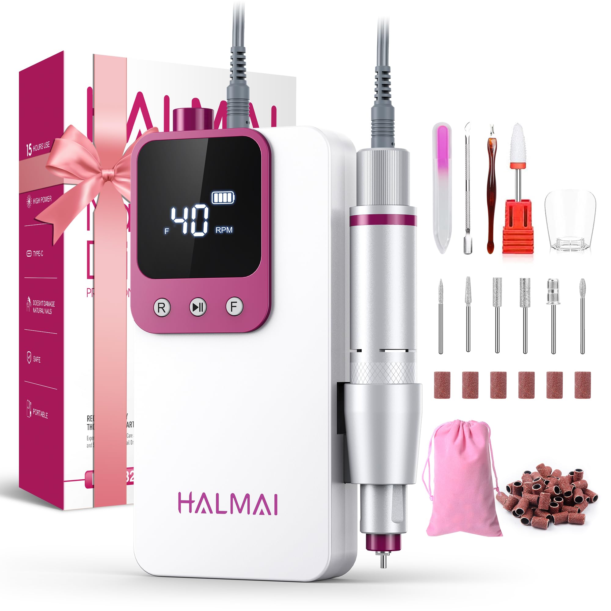 【努力特価】HALMAI HMC320 プロフェッショナル電動ネイルドリル 携帯式ネイルファイル アクリルジェルネイル用 コードレス充電式 超強力ネイルドリルキット 40000RPM サロン級EFileマシン (白色)