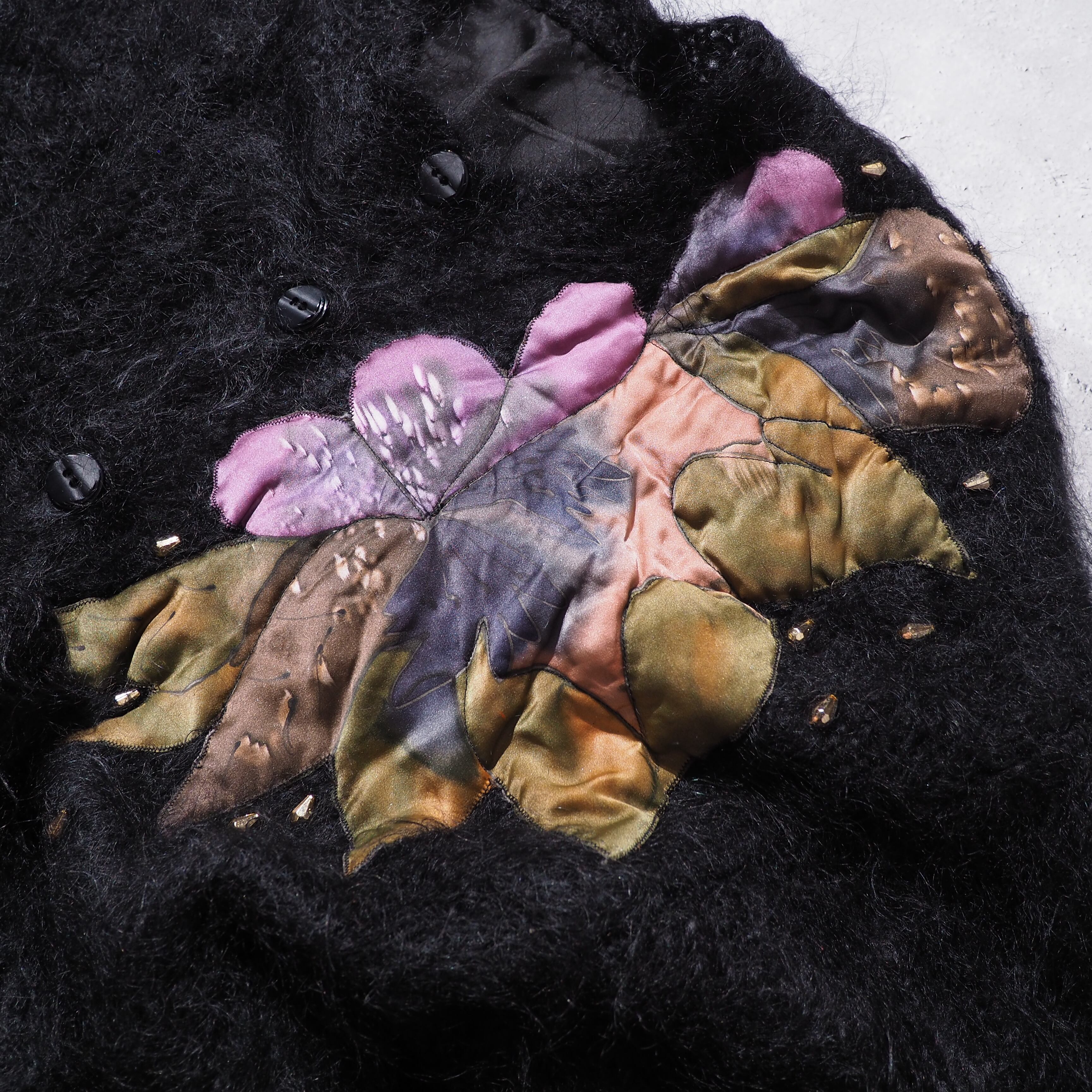 Black bewitching flower embroidery vintage mohair wool cardigan