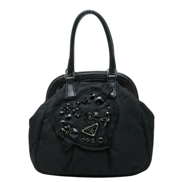 プラダ 三角ロゴプレート イブニングハート ハンドバッグ ブラック ナイロン レザー ビジュー レディース PRADA 【中古】