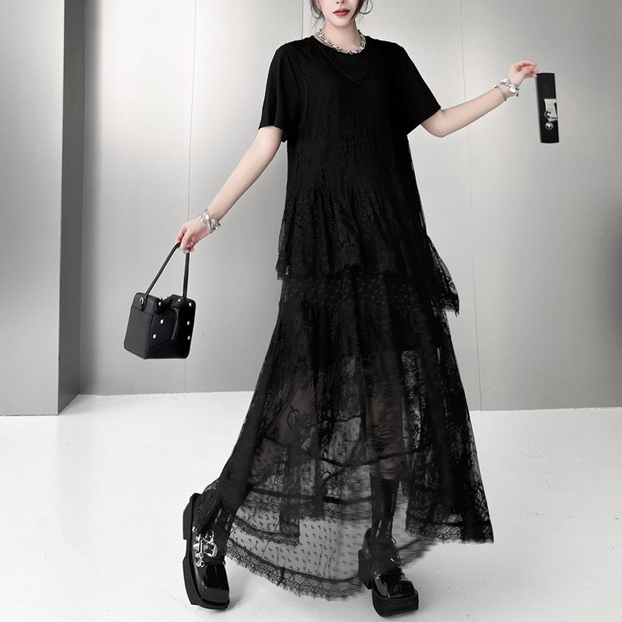 LACE LAYERED T-SHIRT AND DRESS SETUP M-17757