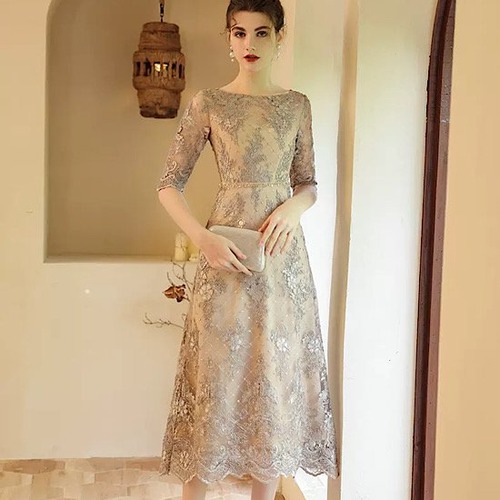 結婚式ドレス 総レース 五分袖 ラウンドネック 刺繍 ゴージャス ファスナー ミモレ丈 Aライン 発表会 演奏会 レディース フレアドレス 結婚式 ステージ衣装 エレガント ウエディングドレス