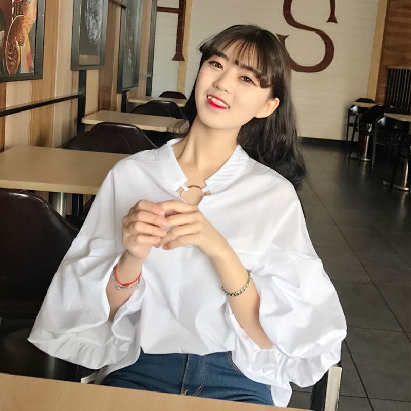 サマールーズ薄手Vネックシャツ ソリッド カラースタンダード ランタンスリーブ レトロ 夏物 ソリッドカラー 萌量不足80143260430