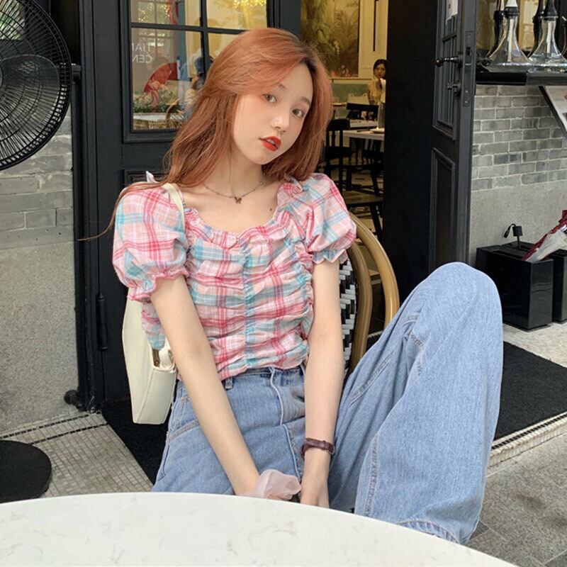 パウダー格子柄シャツ サマートップス 大人ガーリー スウィート キュート カジュアル 夏物 萌量不足19695889801