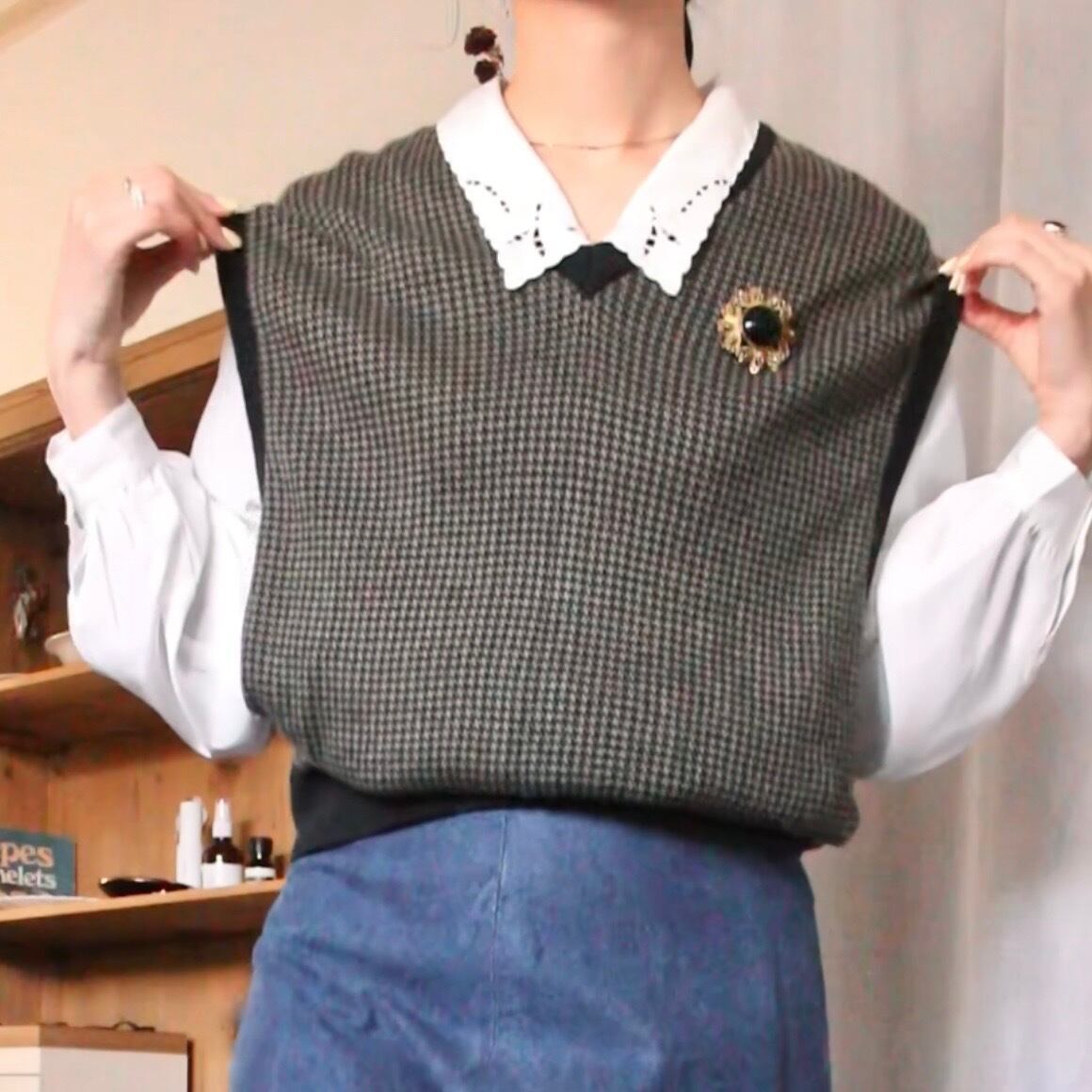 千鳥柄ニットベスト ブラック