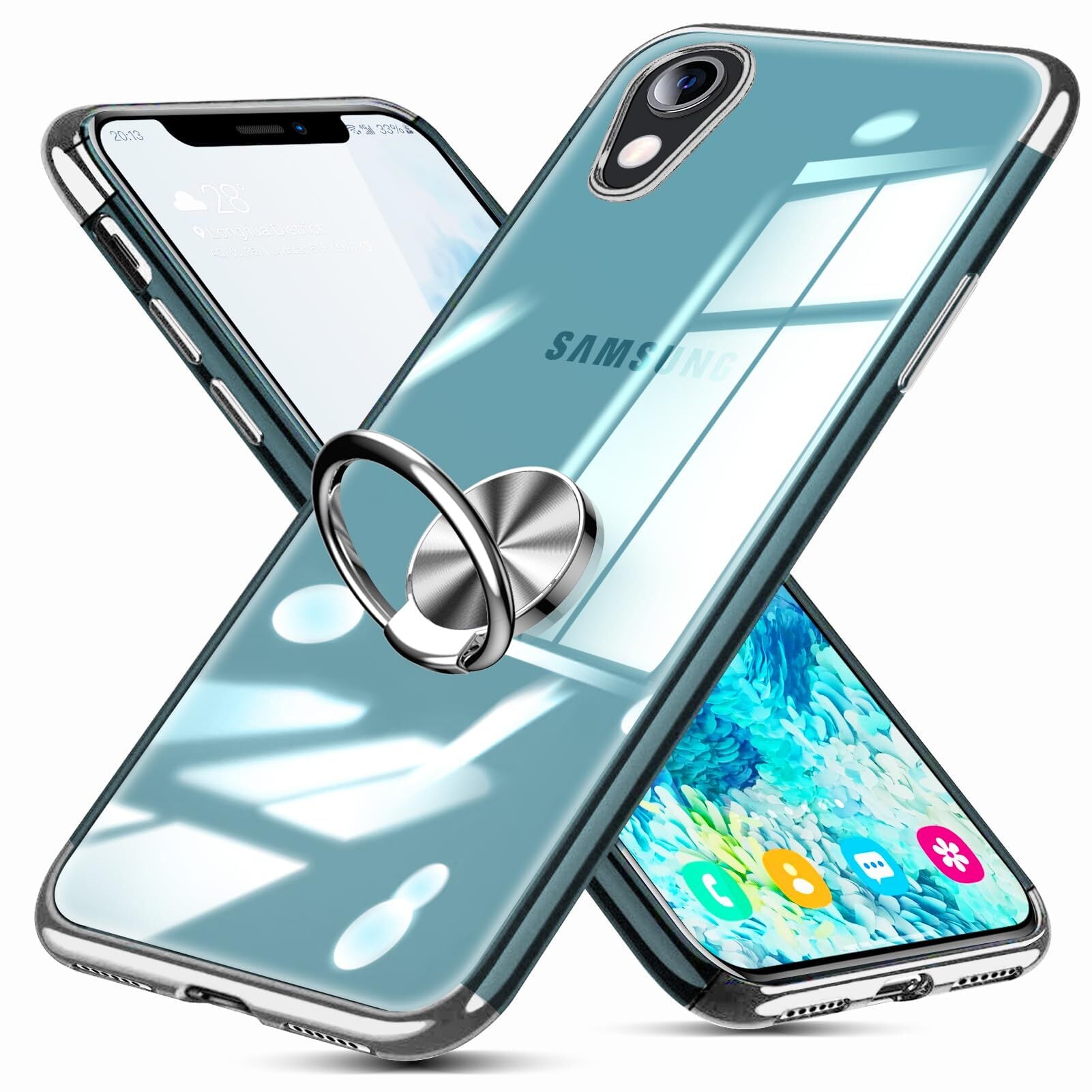 ★在庫処分 Galaxy A22 ケース リング クリア 加工 カバー ブルー 新春セール】Galaxy A22 5G ケース リング付き クリア SC-56B ケース