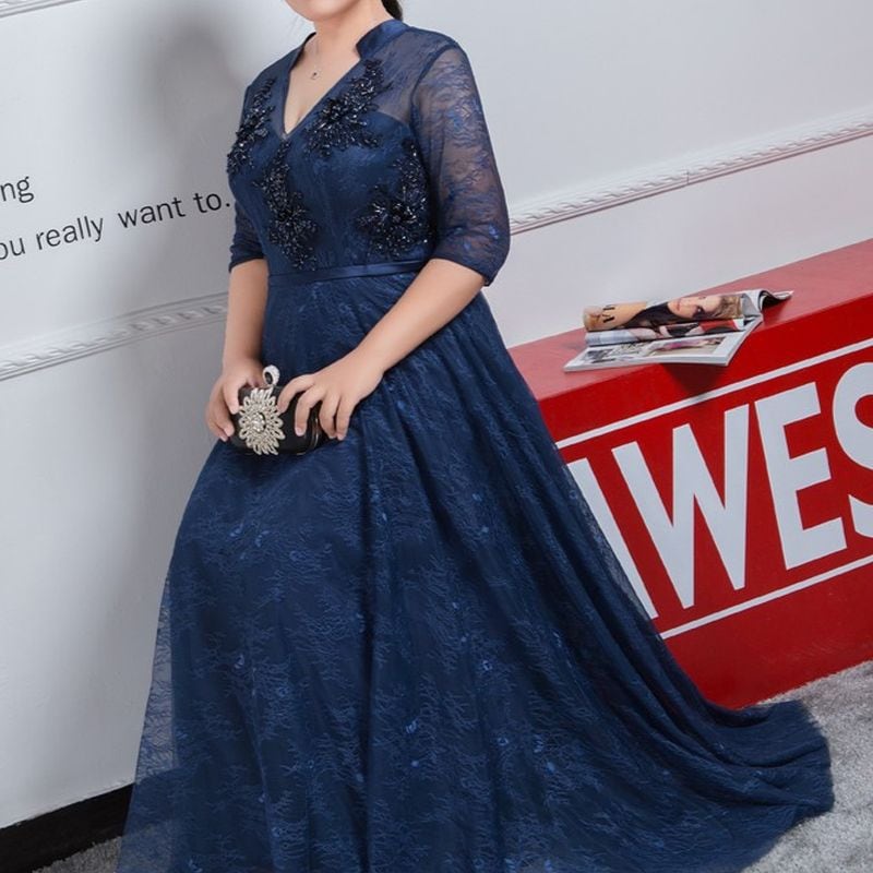 3XL〜7XL】Vネックレースロングドレス D1621 | 演奏会・ステージ