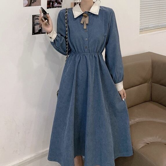 ワンピース シャツワンピース ミモレ丈 マキシ丈 長袖 無地 秋 冬