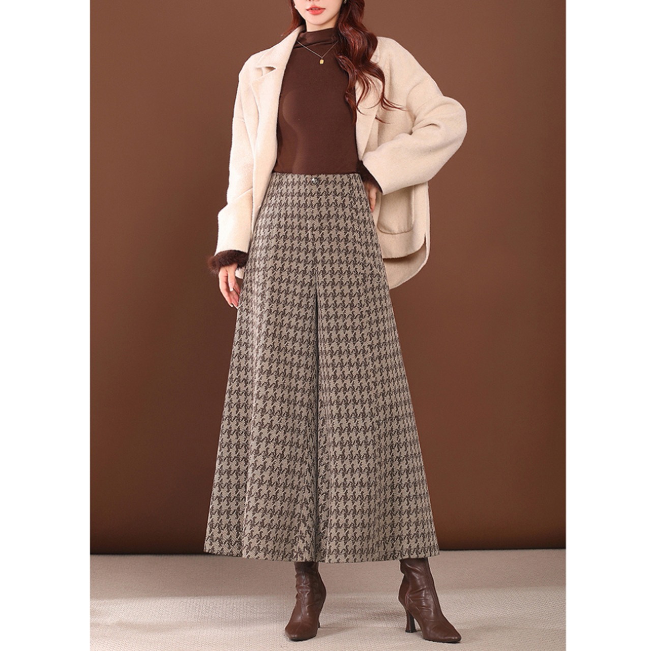 千鳥格子柄 ワイドガウチョパンツ W01379