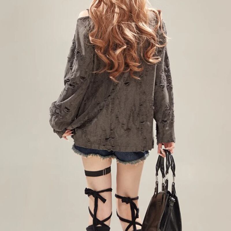 d.i.a オフショルダー長袖トップス グラフィックプリント ロンT tシャツ 肩ベルト オフショルダー グレー グラフィックプリント