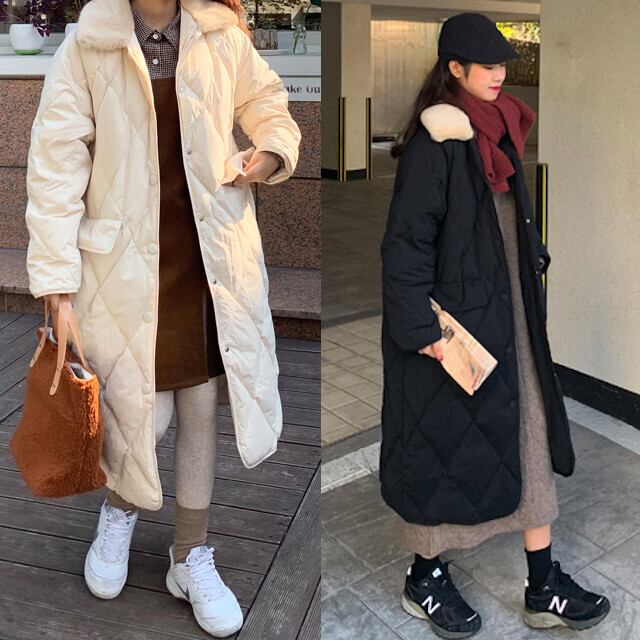 コート キルティング レディース ファーコート ロング丈 あったか カジュアル おしゃれ ベージュ/ブラック ワンサイズ