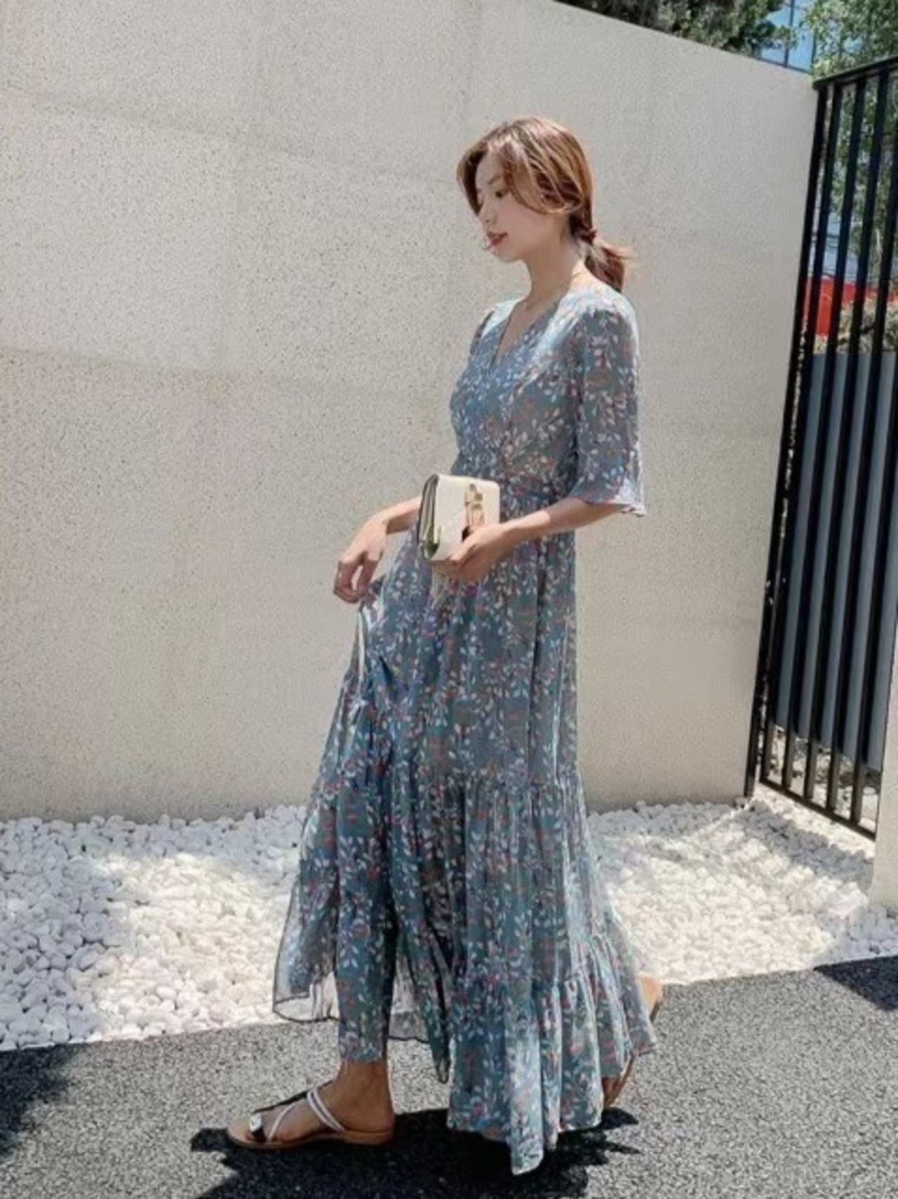 シフォンプリントマキシワンピース D1341