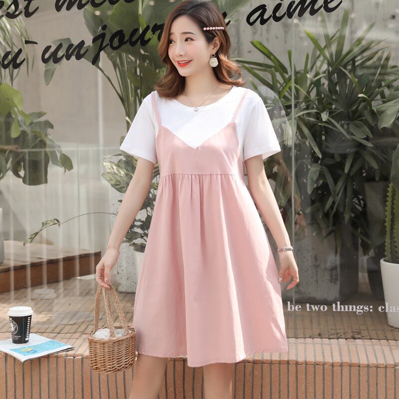 【新作】【送料無料】 マタニティウェア2019夏の新しいファッションステッチ偽のツーピースマタニティドレスルーズミドル丈ドレス-アリババ サマー 夏物 expec237545524769