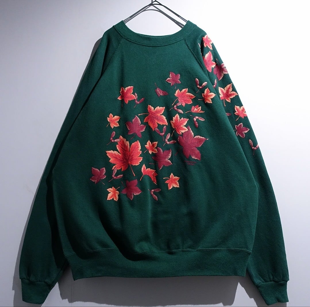 90s Green Fallen Leaf Print Sweat