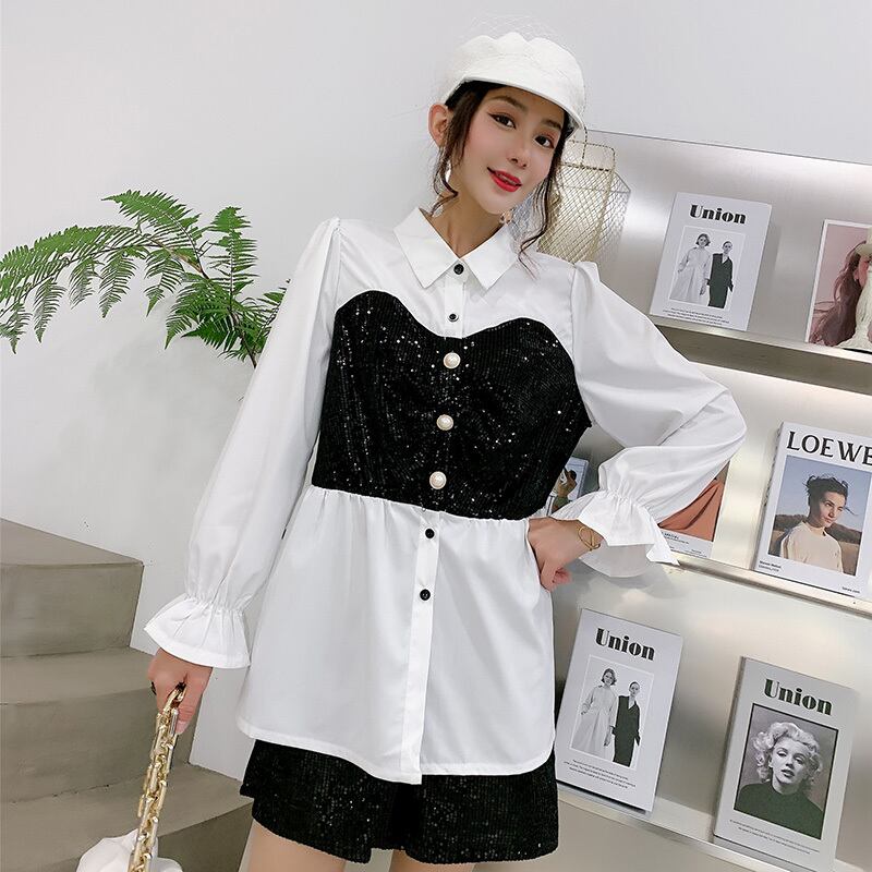 プラスサイズの女性の太った姉妹気質スパンコールトップファットMM秋の偽物2つのルーズで薄い長袖シャツのファッション ミックスインファッション9129139602
