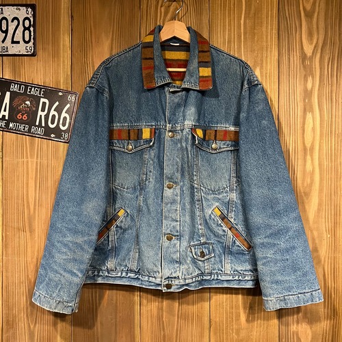 80s BURGOS Vintage Denim Jacket ヴィンテージ ブランケット デニムジャケット L/XL相当 ユーロ USA ネイティブ ハンティング 90s