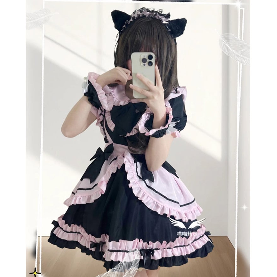 サブカル 服 地雷系 通販 メイド服 猫耳カチューシャ フリル リボン 4点セット メイドカフェ コンカフェ 猫耳カチューシャ付き