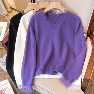 3色／ドットレーストリムVネックニットトップス ・73824