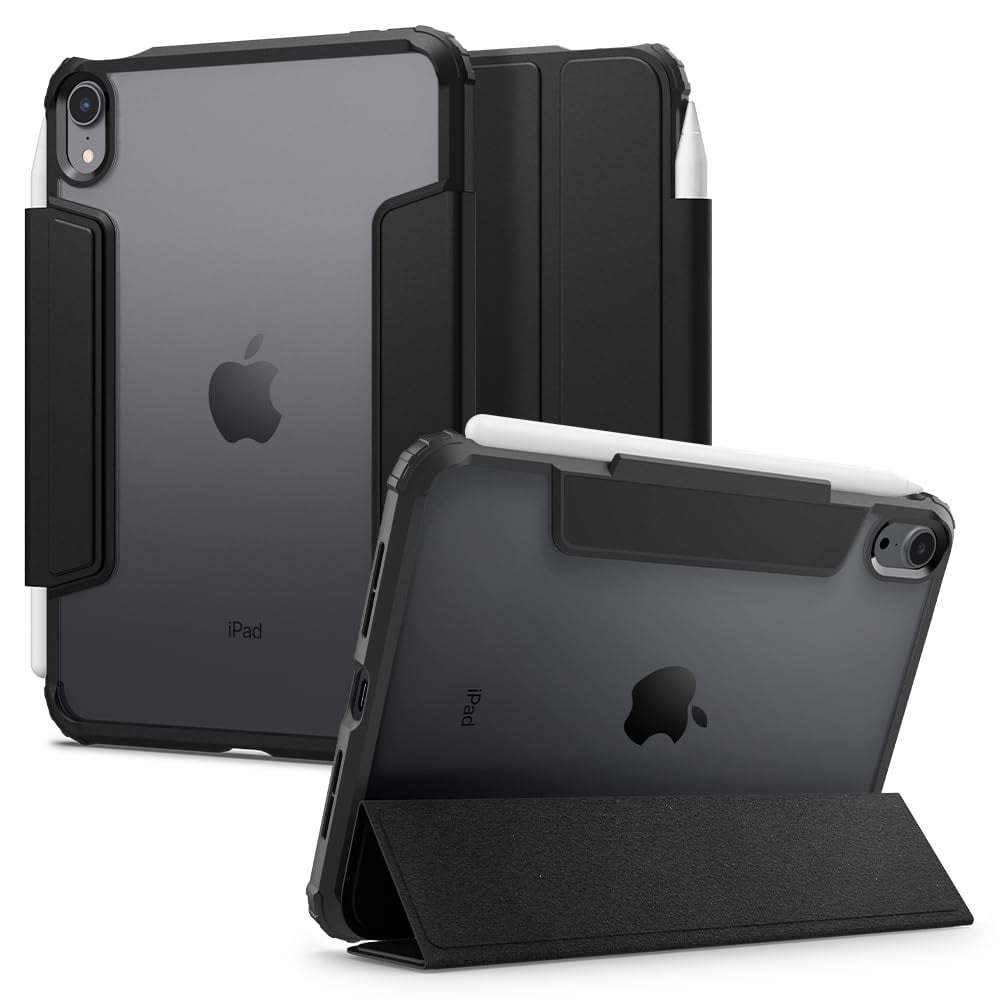 Spigen iPad mini 第7/6世代 ケース 背面 クリア 透明 Apple Pencil 対応 米軍MIL資格 スリム スタンド 耐衝撃 傷防止 カメラ保護 レザー オートスリープ 保護カバー ウルトラ・ハイブリッド・プロ ACS03765 (ブラック)