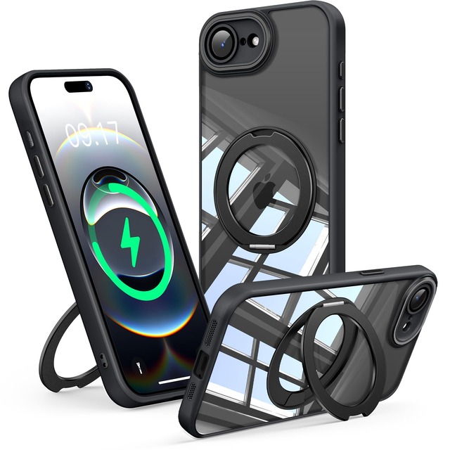 【360°回転スタンド・フルカバーレンズ保護】Cutelfon iPhone 16E/17E 用 ケース Magsafe対応 リング マグネット搭載 黄変防止 ワイヤレス充電対応 レンズ保護 耐衝撃 耐久性 ストラップホール付き マグセーフ対応 スマホケース アイフォン16E/17E カバー