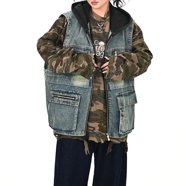denim vest hoodie　デニムベストフーディー　J1228