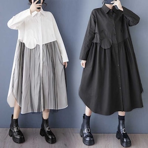 MESH LAYERED A-LINE MIDI SHIRT DRESS 2colors M-15697