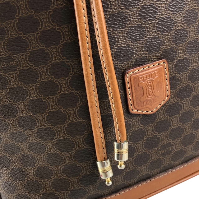 CELINE セリーヌ マカダム ショルダーバッグ ブラウン ブラゾン型押し PVCレザー 巾着 vintage ヴィンテージ オールド p5vd3z