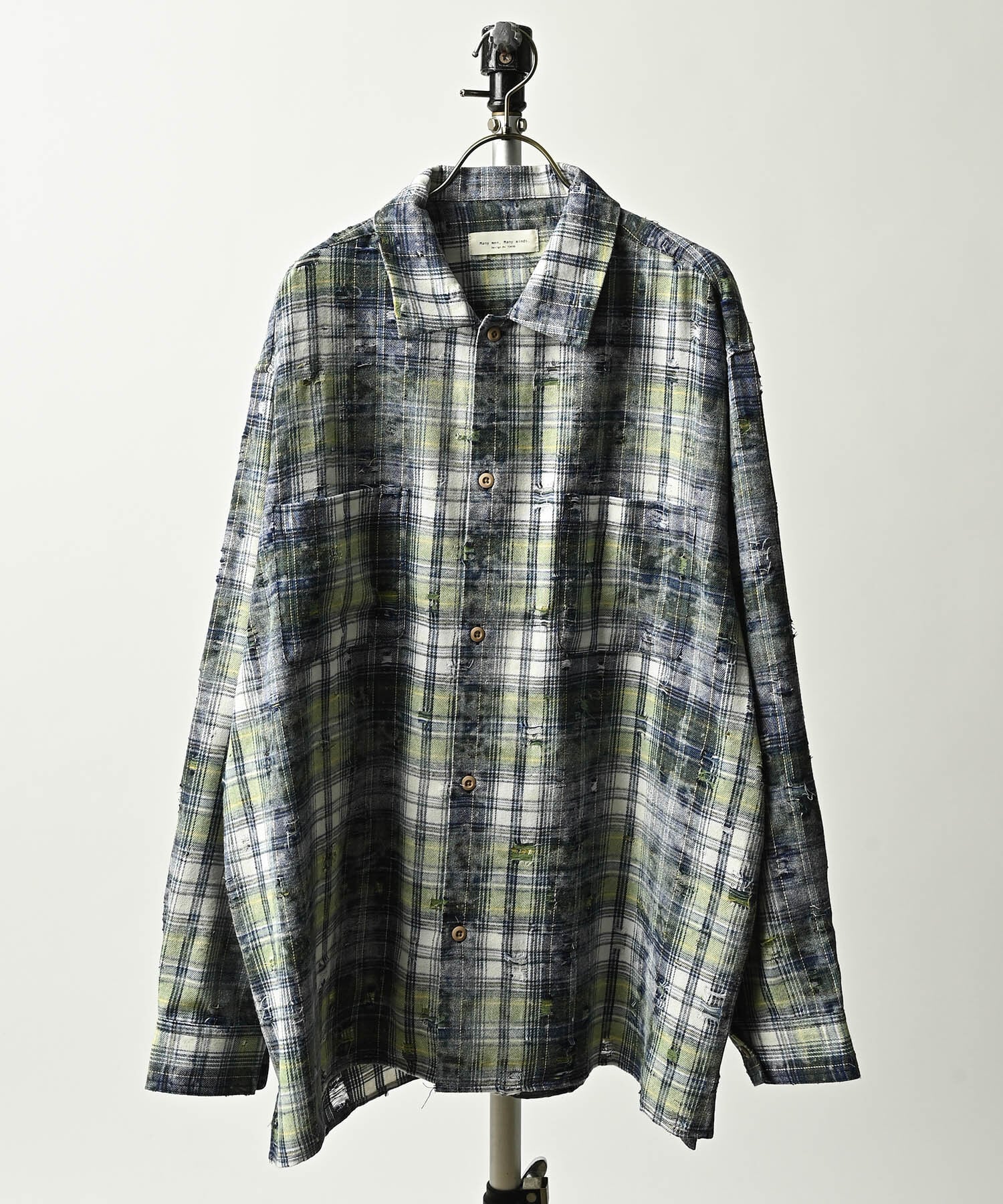 many men many mind Damaged Check Work Shirt (GRN) M2615020