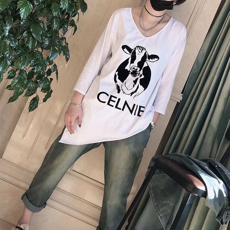 Tシャツ シャツ ラウンドネックスプリングトップス ロング 春物 Oネック ミックスインファッション29261020043