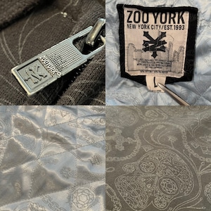 【ZOOYORK】総柄 スウェットパーカー フルジップ 裏地キルティング 刺繍ロゴ Lサイズ ズーヨーク US古着 アメリカ古着