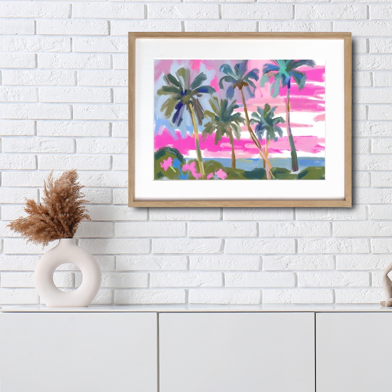 Sunset Beach｜ピンクに染まる夕暮れの海アートポスター｜油絵調の柔らかな癒しデザイン｜北欧ナチュラルに合う額縁セット｜A3ポスター