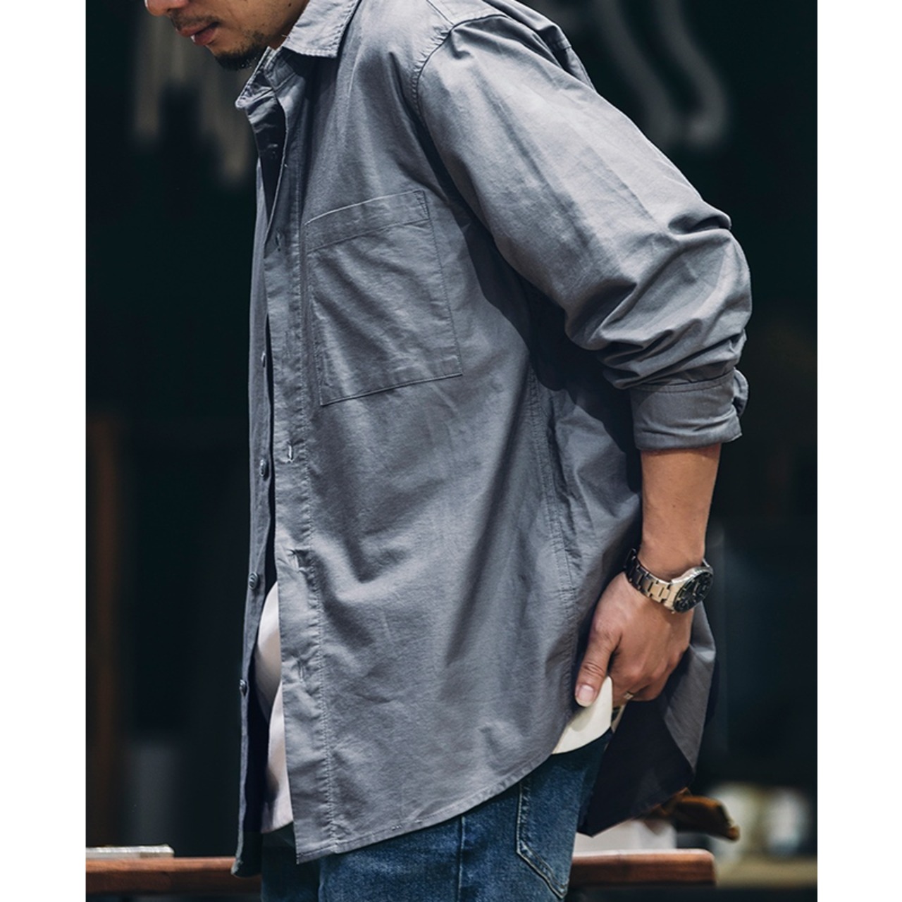 Button-down shirt regular color patch pocket ◇4color H0237