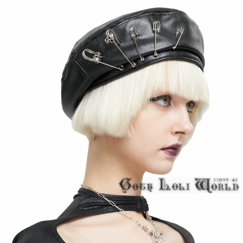 a maiden devil medenius　ベレー帽 即納/送料無料】AS134 Devil 安ピン付フェイクレザー風パンクベレー帽