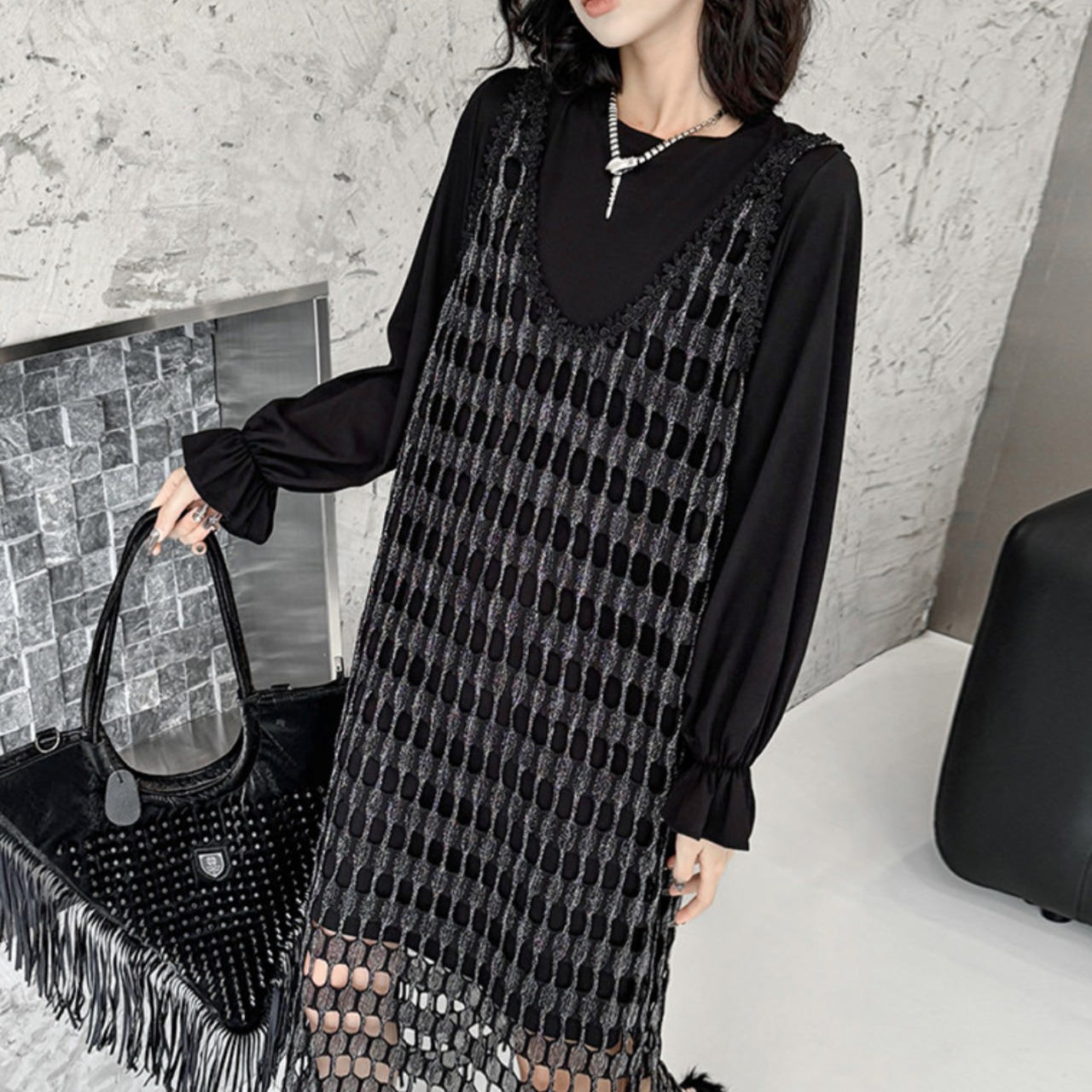 Silver mesh vest and long-sleeved T-shirt two-piece set (ME384)