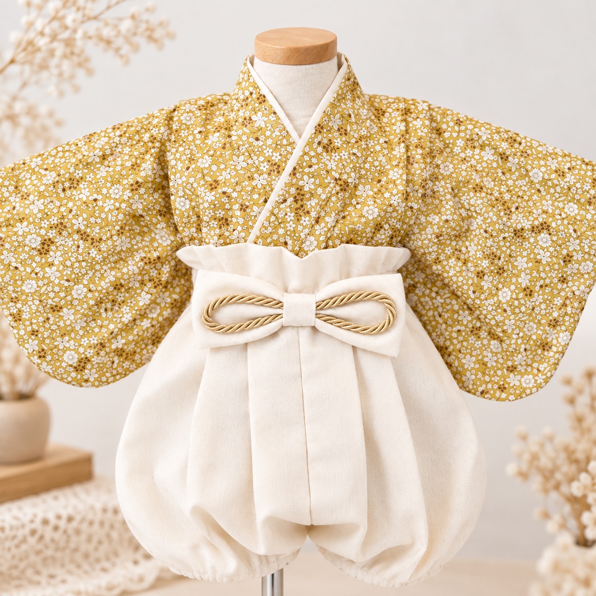 コタベビー袴共布ヘアバンド付き　ミモザ柄オフホワイト×ミモザイエロー SALE】✴︎ベビー袴✴︎mustard flower | alla moda baby