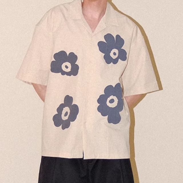 花柄キューバカラー半袖シャツ　0743