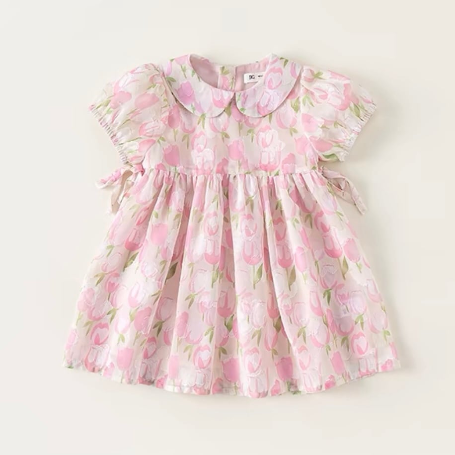 【80-140cm】丸襟フラワー半袖ワンピース