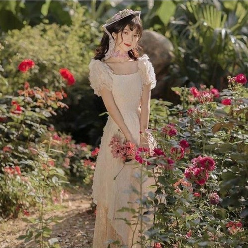 ドレス 結婚式  披露宴 二次会 フォーマル ワンピース ロング丈 華やか エレガント レトロ パーティドレス レース プリーツ パフスリーブ 半袖