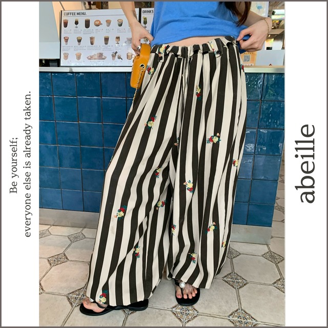 floral embroidered stripe pants 14636