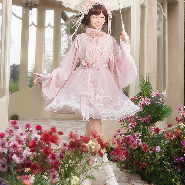 桃花月影の庭 花刺繍広袖レースリボン中華ロリータワンピース5点セット