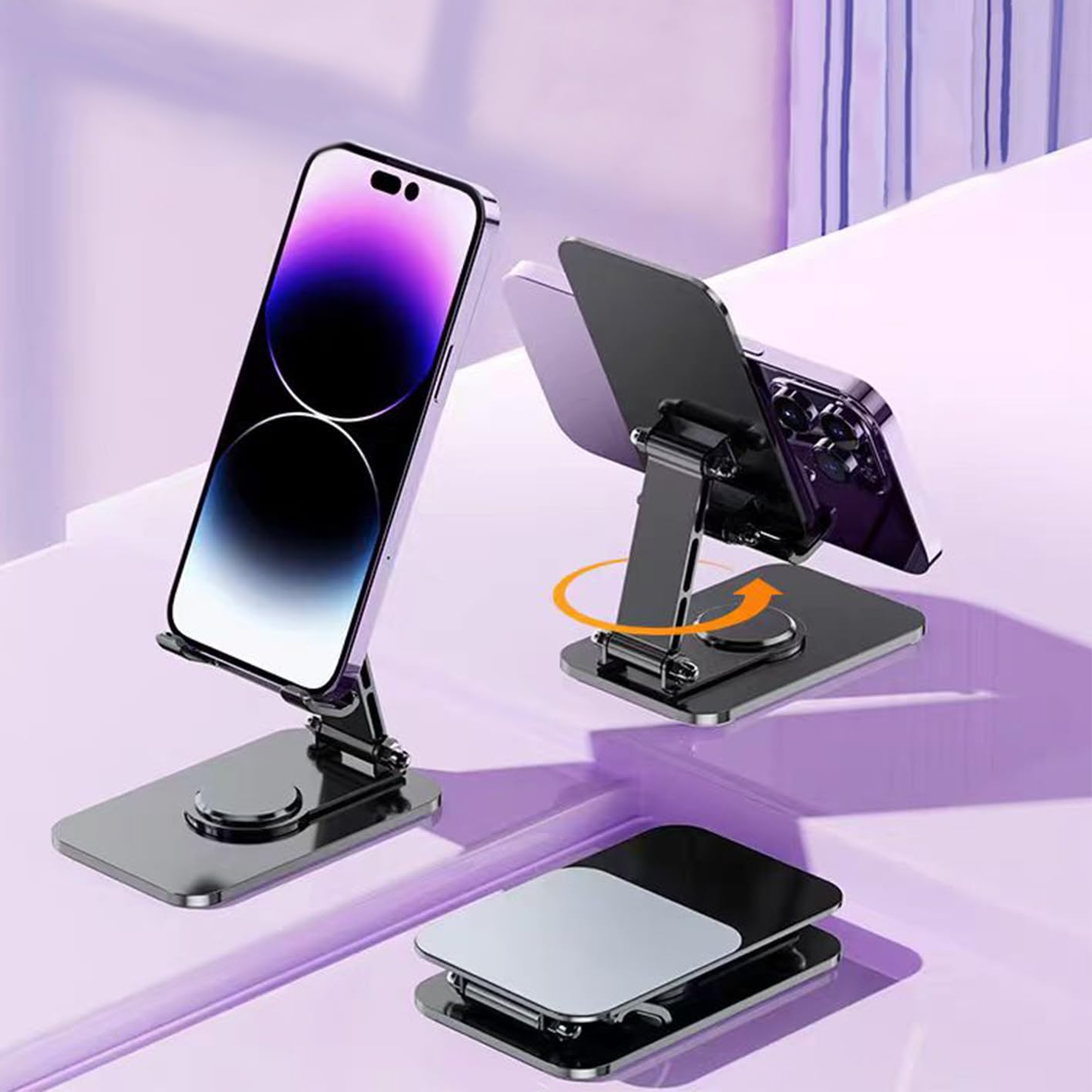 【数量限り】スマホスタンド 卓上 折り畳み 高さ調整 360度回転 携帯スタンド 折り畳み式 滑り止め アルミ 純重量256g 厚さ2.3cm 携帯 スタンド コンパクト 角度 置き アイホン 立て 縦 横 折りたたみ スマホ 机 デスク スマフォ 4-12インチのiPhone Android 対応 (Black)
