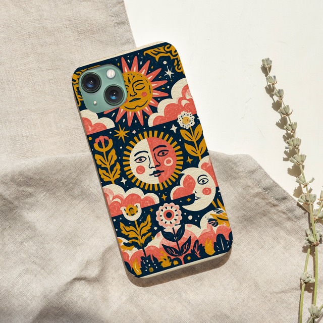 受注生産 iPhoneケース 太陽と月のレトロ装飾画｜サイケ民芸 PSYF010A
