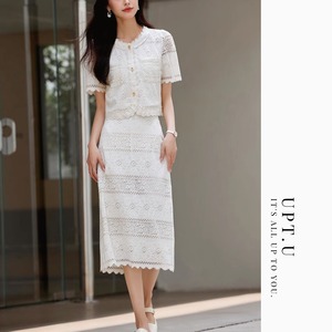 コットンカーディガン＆レースミモレスカート【2set】U0563